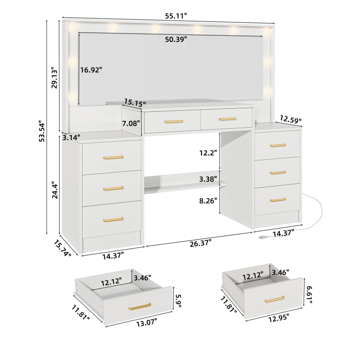 UGTOO 55.1-Inch Large Mirror LED Lights Vanity with 8 Drawers & Charging Station