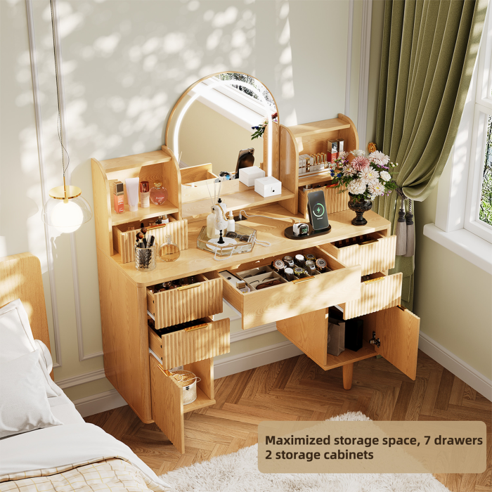 UGTOO 44.3Inch Wooden LED Makeup Vanity with 7 Drawers & Arc Mirror