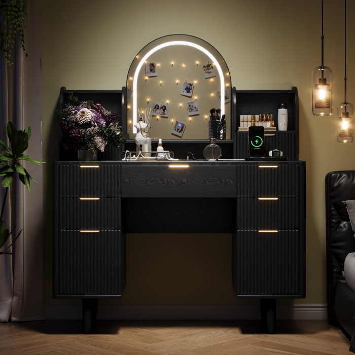 UGTOO 44.3Inch Wooden LED Makeup Vanity with 7 Drawers & Arc Mirror