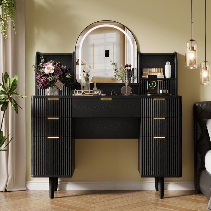 UGTOO 44.3Inch Wooden LED Makeup Vanity with 7 Drawers & Arc Mirror