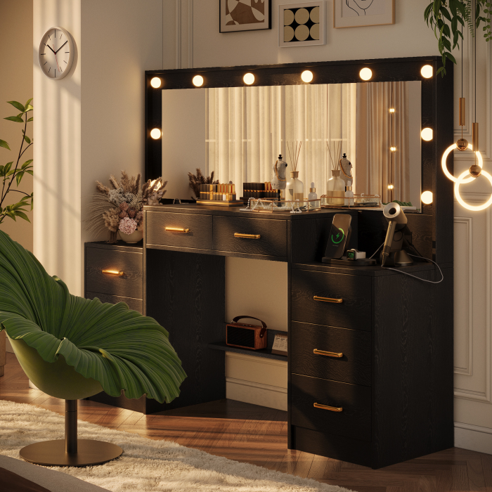 UGTOO 55.1-Inch Large Mirror LED Lights Vanity with 8 Drawers & Charging Station