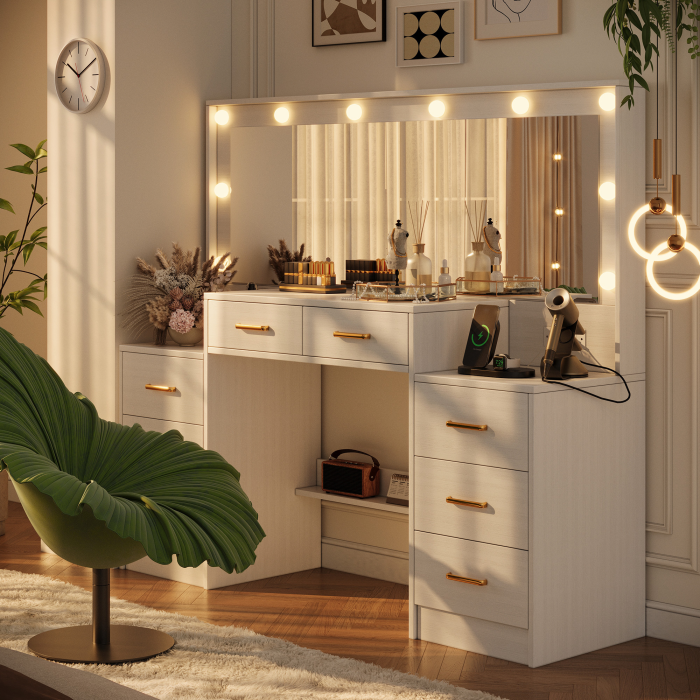 UGTOO 55.1-Inch Large Mirror LED Lights Vanity with 8 Drawers & Charging Station