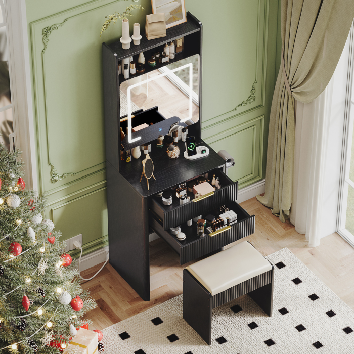 UGTOO 21.65 Inch 3-in-1 2-Drawers Vanity with Stool