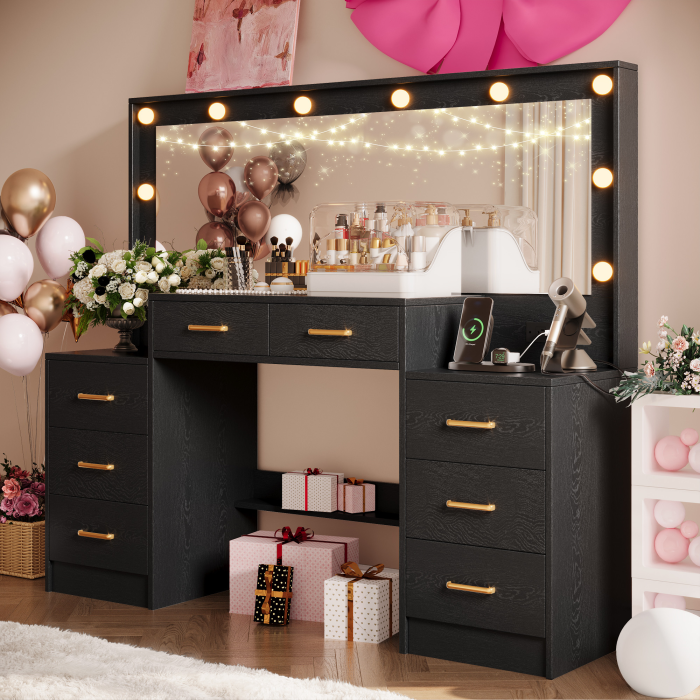 UGTOO 55.1-Inch Large Mirror LED Lights Vanity with 8 Drawers & Charging Station