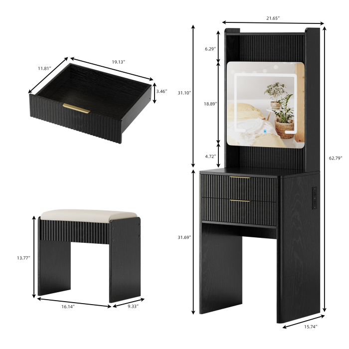 UGTOO 21.65 Inch 3-in-1 2-Drawers Vanity with Stool