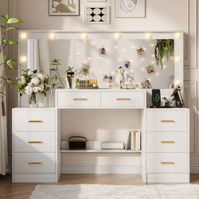 UGTOO 55.1-Inch Large Mirror LED Lights Vanity with 8 Drawers & Charging Station