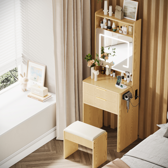 UGTOO 21.65 Inch 3-in-1 2-Drawers Vanity with Stool