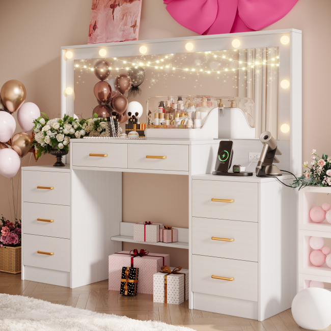 UGTOO 55.1-Inch Large Mirror LED Lights Vanity with 8 Drawers & Charging Station