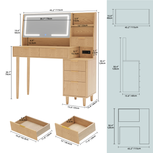UGTOO 45Inch Fluted Wood Vanity with LED Mirror & Charging Station