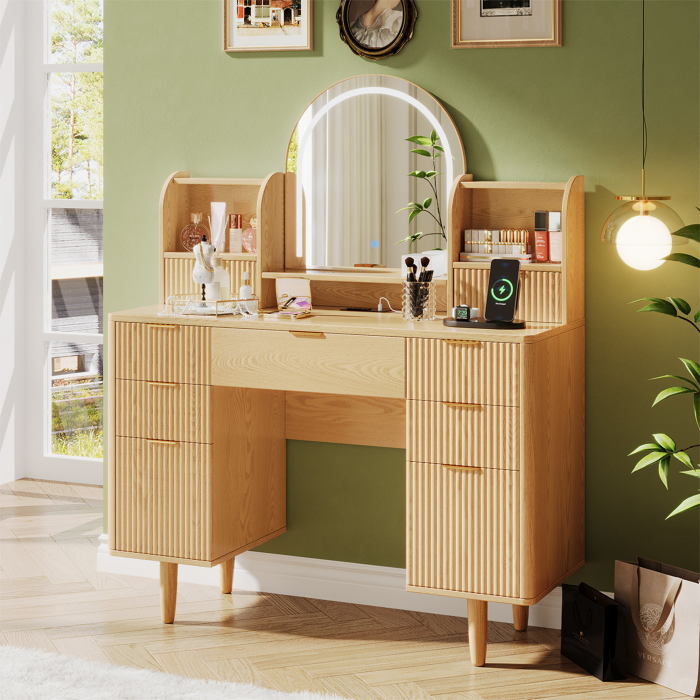 UGTOO 44.3Inch Wooden LED Makeup Vanity with 7 Drawers & Arc Mirror