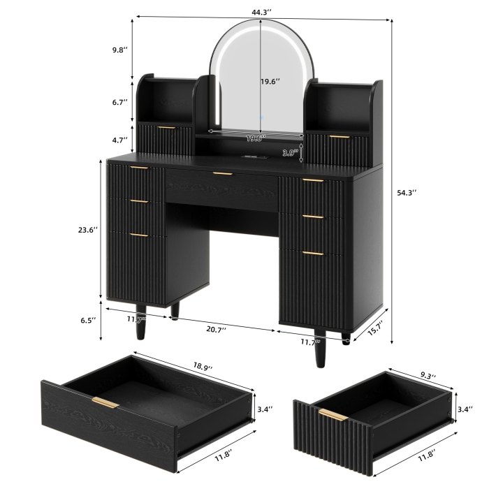 UGTOO 44.3Inch Wooden LED Makeup Vanity with 7 Drawers & Arc Mirror