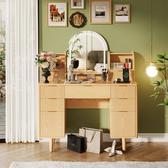 UGTOO 44.3Inch Wooden LED Makeup Vanity with 7 Drawers & Arc Mirror