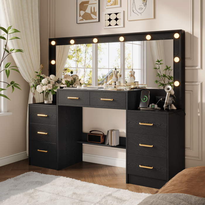 UGTOO 55.1-Inch Large Mirror LED Lights Vanity with 8 Drawers & Charging Station