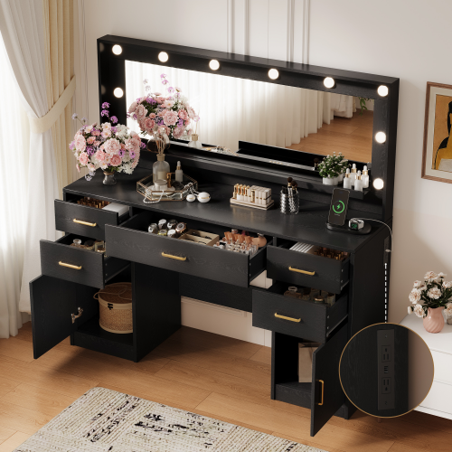 UGTOO 44.8Inch LED Vanity Desk with 5 Drawers 2 Dust Cabinets & Charging Station