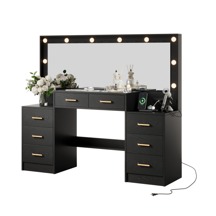 UGTOO 55.1-Inch Large Mirror LED Lights Vanity with 8 Drawers & Charging Station