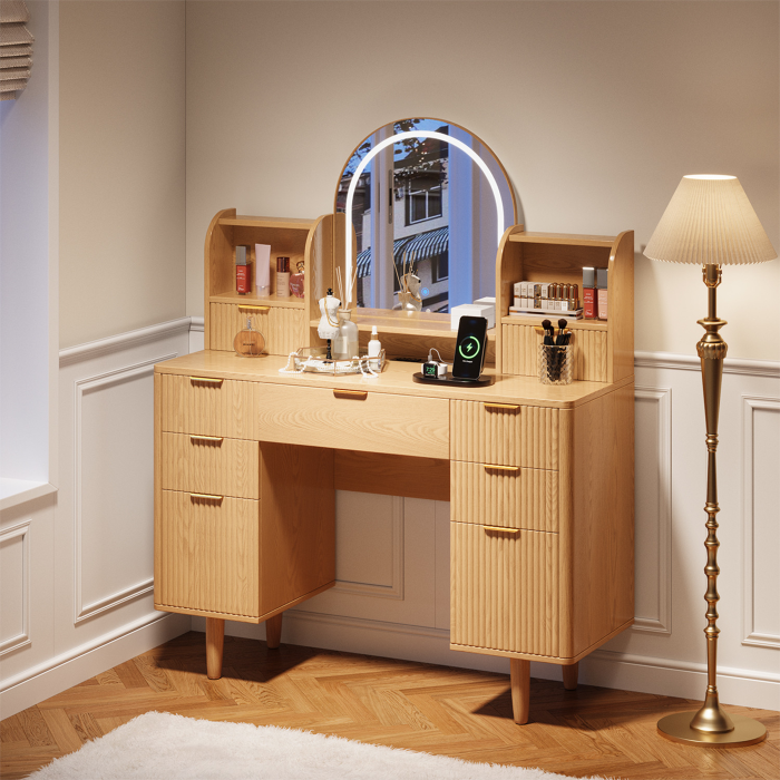 UGTOO 44.3Inch Wooden LED Makeup Vanity with 7 Drawers & Arc Mirror