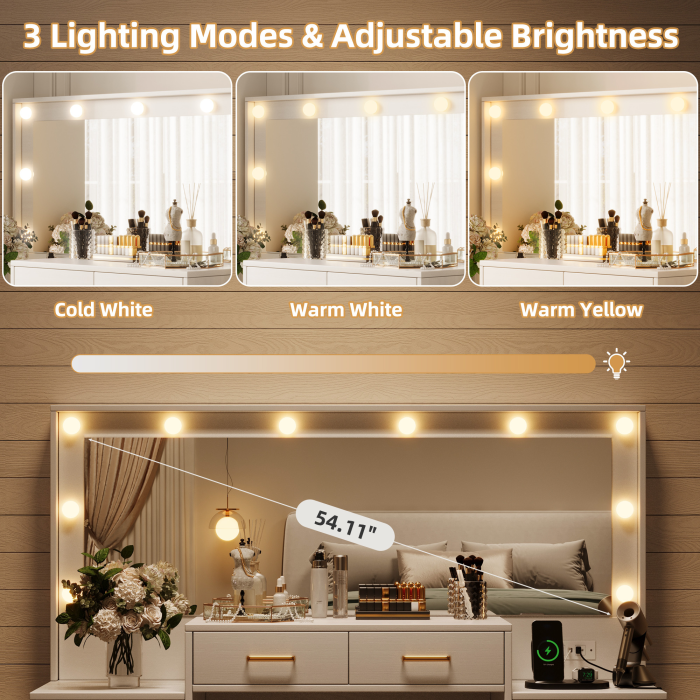 UGTOO 55.1-Inch Large Mirror LED Lights Vanity with 8 Drawers & Charging Station
