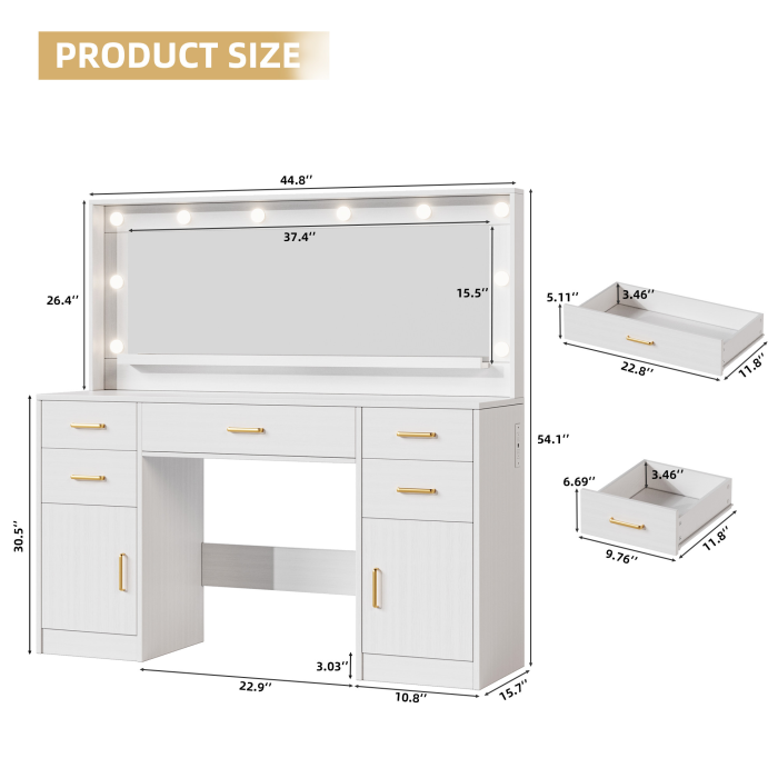 UGTOO 44.8Inch LED Vanity Desk with 5 Drawers 2 Dust Cabinets & Charging Station