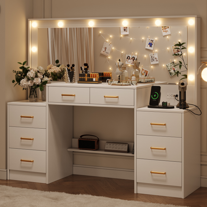 UGTOO 55.1-Inch Large Mirror LED Lights Vanity with 8 Drawers & Charging Station