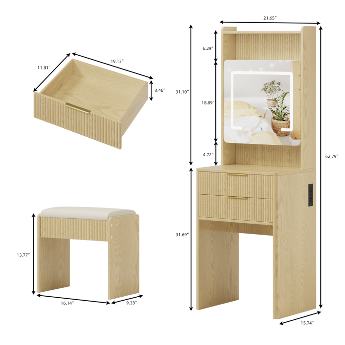 UGTOO 21.65 Inch 3-in-1 2-Drawers Vanity with Stool