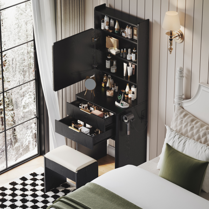 UGTOO 21.65 Inch 3-in-1 2-Drawers Vanity with Stool