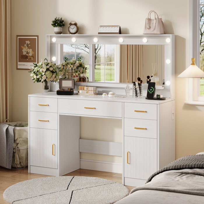 UGTOO 44.8Inch LED Vanity Desk with 5 Drawers 2 Dust Cabinets & Charging Station