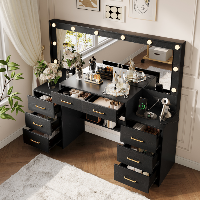 UGTOO 55.1-Inch Large Mirror LED Lights Vanity with 8 Drawers & Charging Station