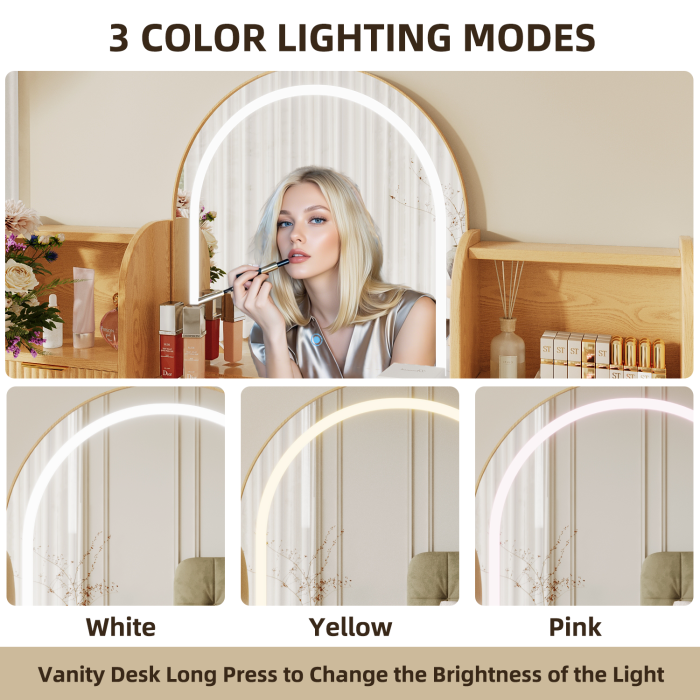 UGTOO 44.3Inch Wooden LED Makeup Vanity with 7 Drawers & Arc Mirror