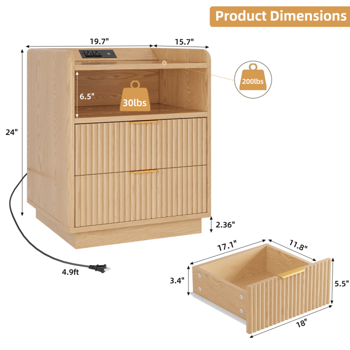 UGTOO 19.7-Inch Anti Kick Design Nightstand with Charging Station
