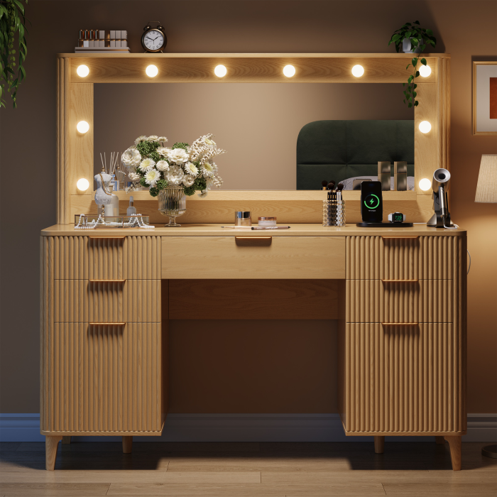 UGTOO 48.8In Mid-Century Walnut Vanity Desk with Lighted Mirror & 5 Storage Drawers