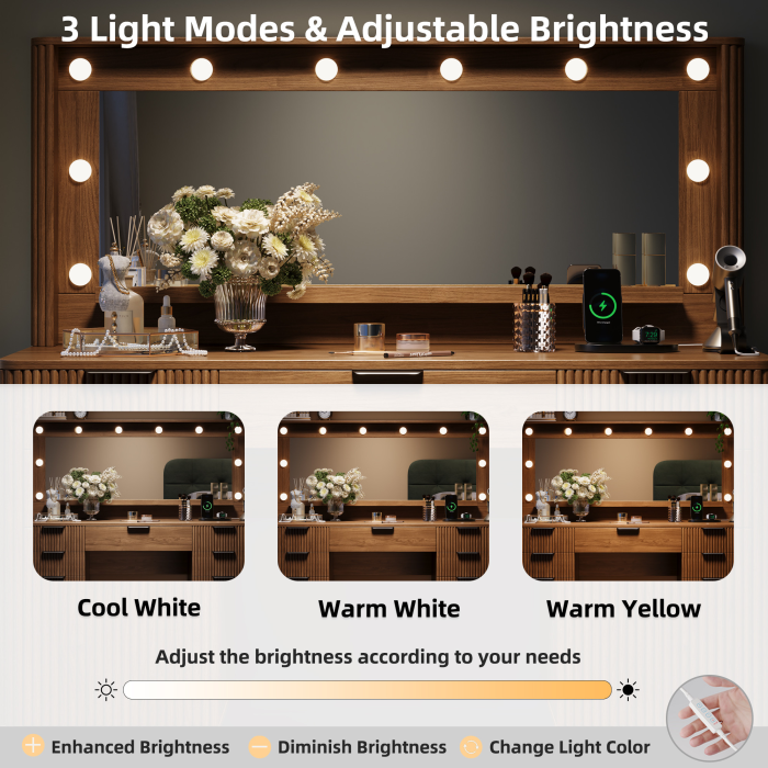 UGTOO 48.8In Mid-Century Walnut Vanity Desk with Lighted Mirror & 5 Storage Drawers