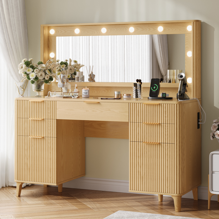 UGTOO 48.8In Mid-Century Walnut Vanity Desk with Lighted Mirror & 5 Storage Drawers