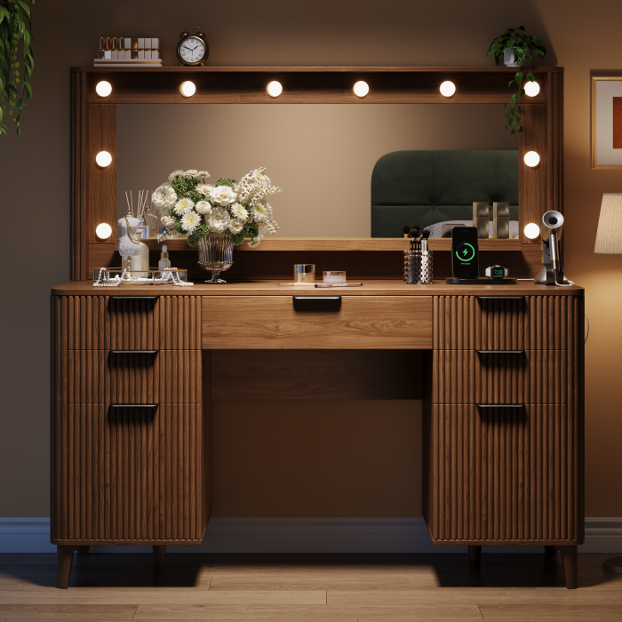 UGTOO 48.8In Mid-Century Walnut Vanity Desk with Lighted Mirror & 5 Storage Drawers