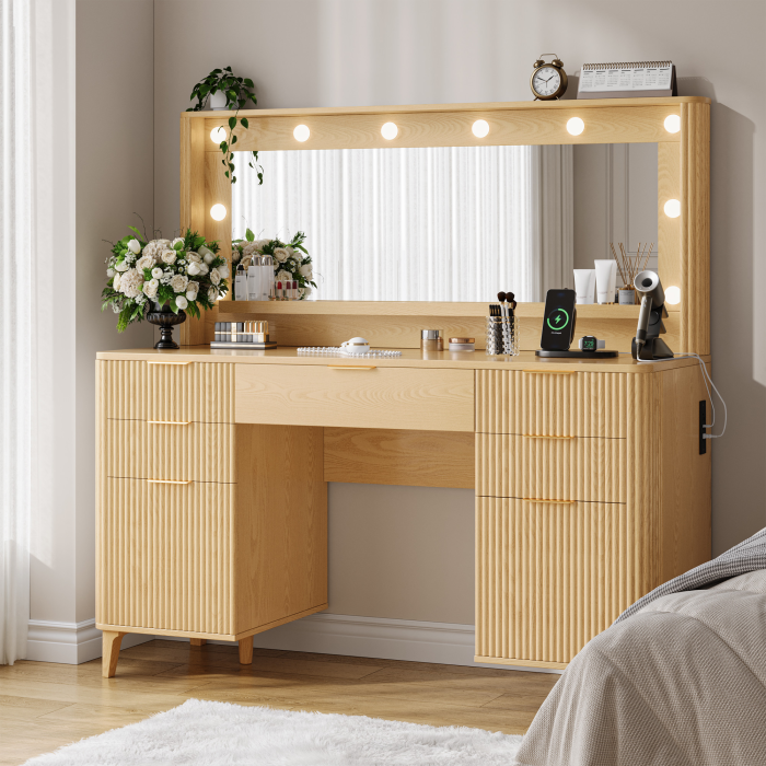 UGTOO 48.8In Mid-Century Walnut Vanity Desk with Lighted Mirror & 5 Storage Drawers
