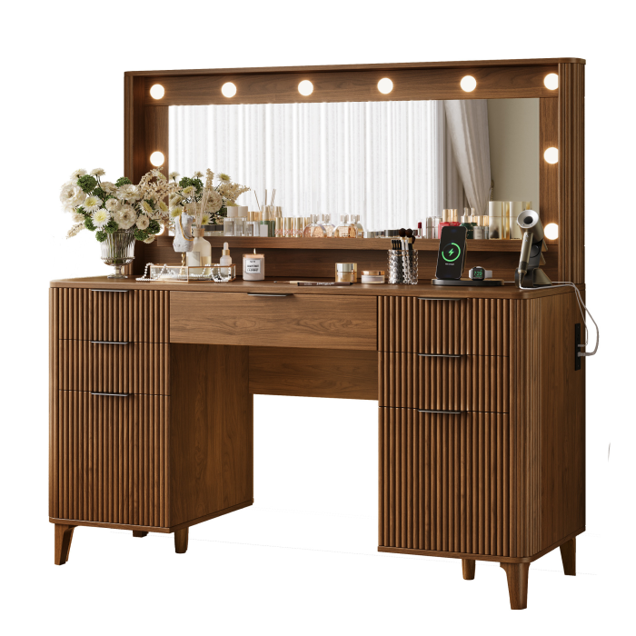 UGTOO 48.8In Mid-Century Walnut Vanity Desk with Lighted Mirror & 5 Storage Drawers
