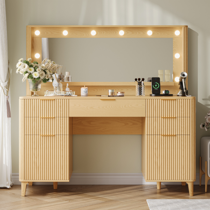 UGTOO 48.8In Mid-Century Walnut Vanity Desk with Lighted Mirror & 5 Storage Drawers