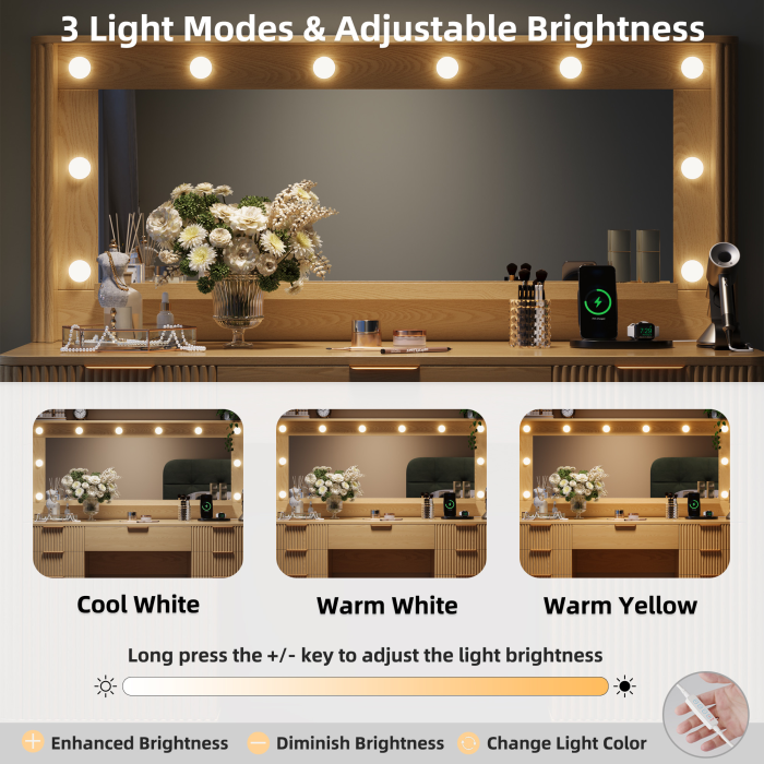 UGTOO 48.8In Mid-Century Walnut Vanity Desk with Lighted Mirror & 5 Storage Drawers