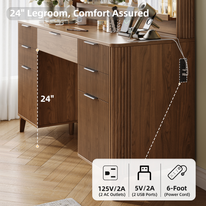 UGTOO 48.8In Mid-Century Walnut Vanity Desk with Lighted Mirror & 5 Storage Drawers