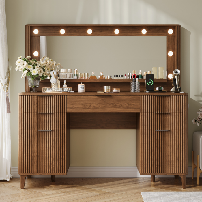 UGTOO 48.8In Mid-Century Walnut Vanity Desk with Lighted Mirror & 5 Storage Drawers