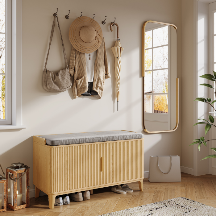 UGTOO 39.3In Mid-Century Modern Shoe Storage Bench with Padded Cushion