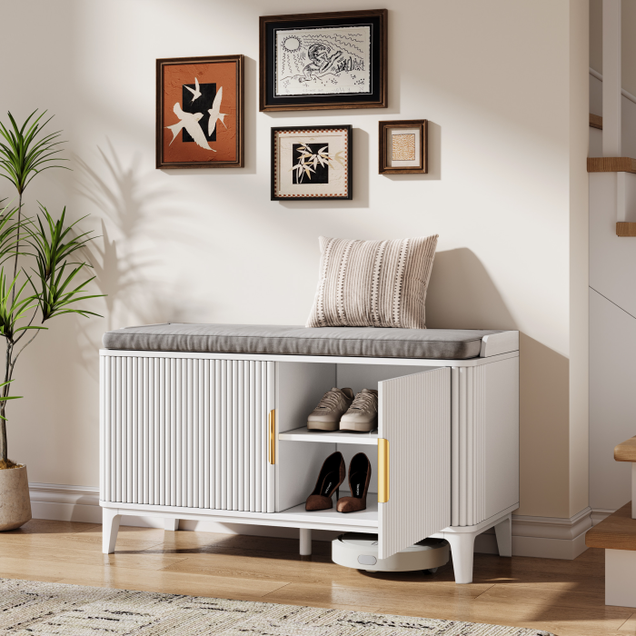 UGTOO 39.3In Mid-Century Modern Shoe Storage Bench with Padded Cushion