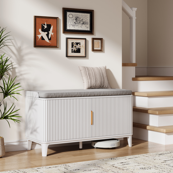 UGTOO 39.3In Mid-Century Modern Shoe Storage Bench with Padded Cushion