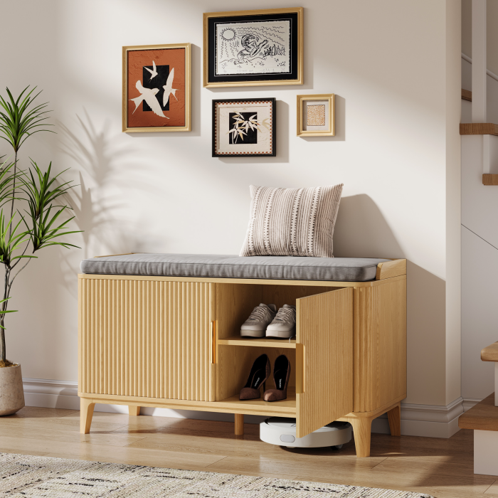 UGTOO 39.3In Mid-Century Modern Shoe Storage Bench with Padded Cushion