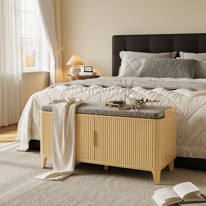 UGTOO 39.3In Mid-Century Modern Shoe Storage Bench with Padded Cushion