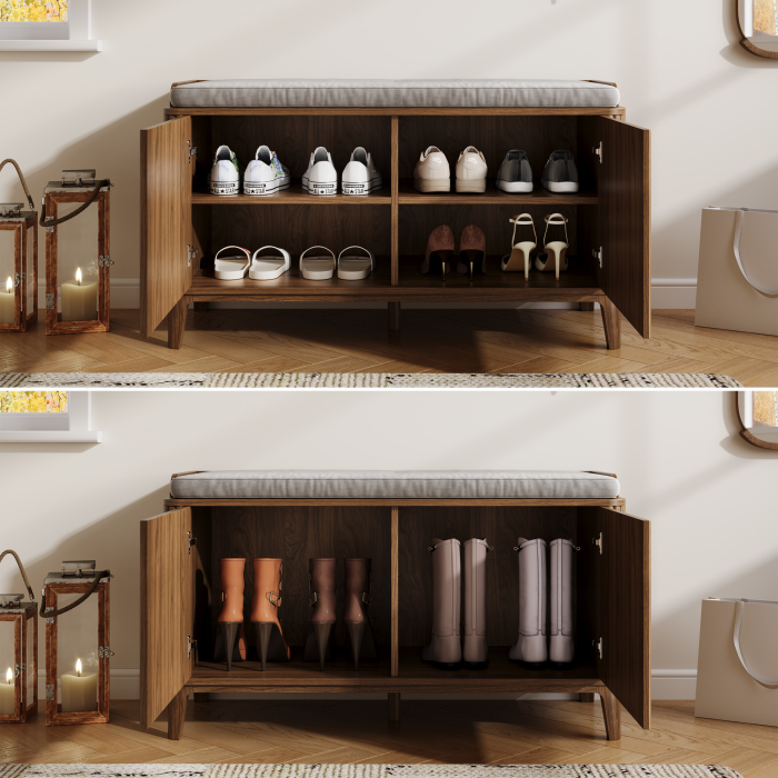 UGTOO 39.3In Mid-Century Modern Shoe Storage Bench with Padded Cushion