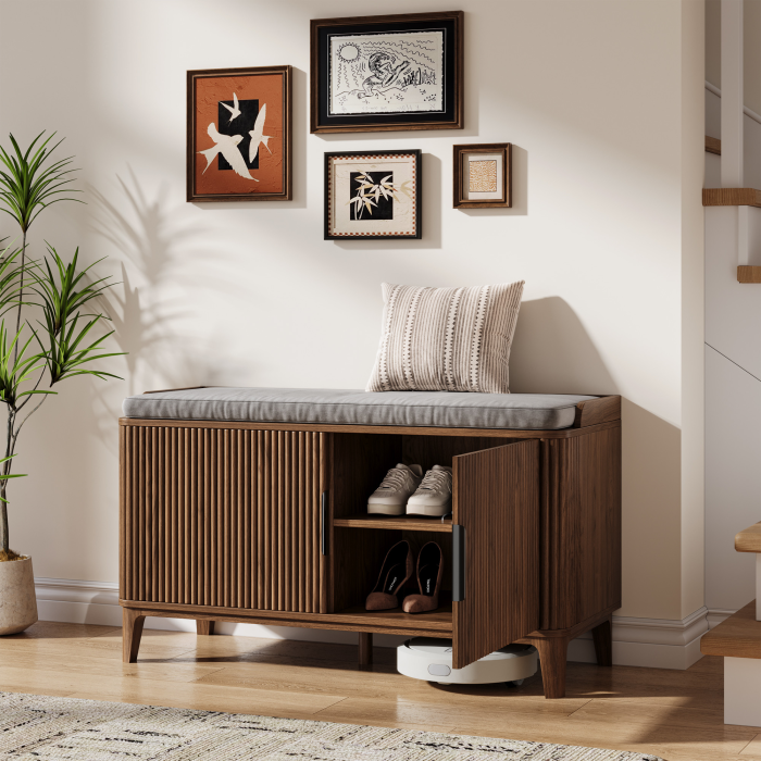 UGTOO 39.3In Mid-Century Modern Shoe Storage Bench with Padded Cushion