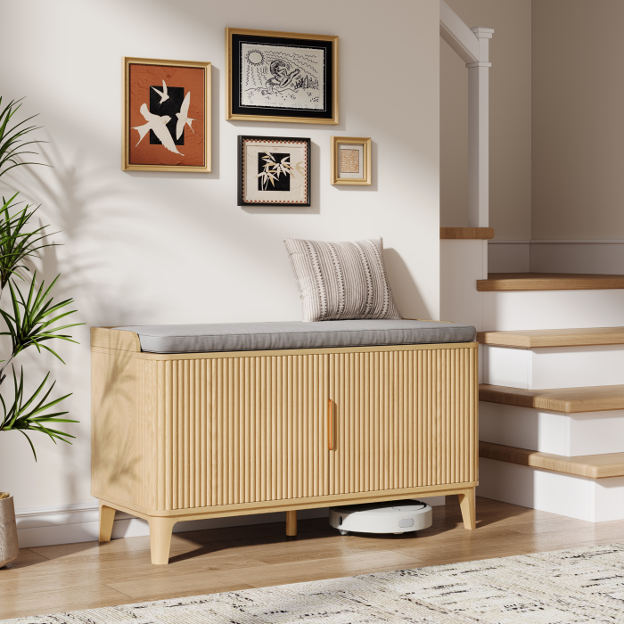 UGTOO 39.3In Mid-Century Modern Shoe Storage Bench with Padded Cushion