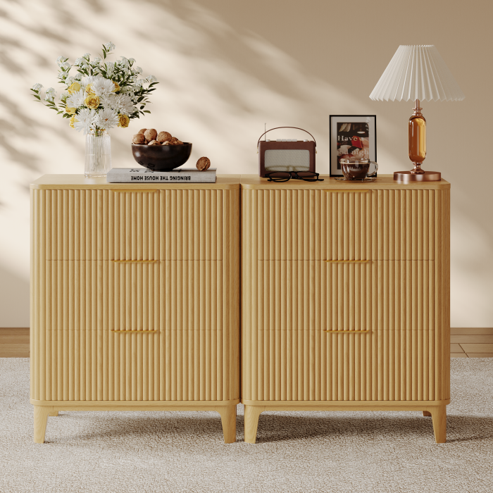 UGTOO 27.6In Modern 3-Drawer Nightstand with Grooved Panels