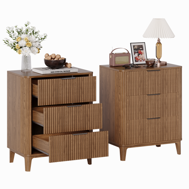 UGTOO 27.6In Modern 3-Drawer Nightstand with Grooved Panels