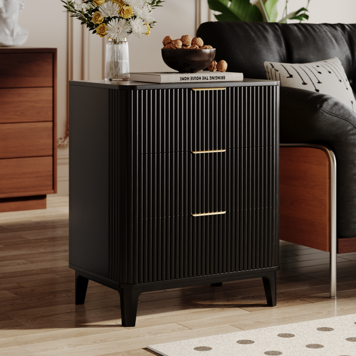 UGTOO 27.6In Modern 3-Drawer Nightstand with Grooved Panels